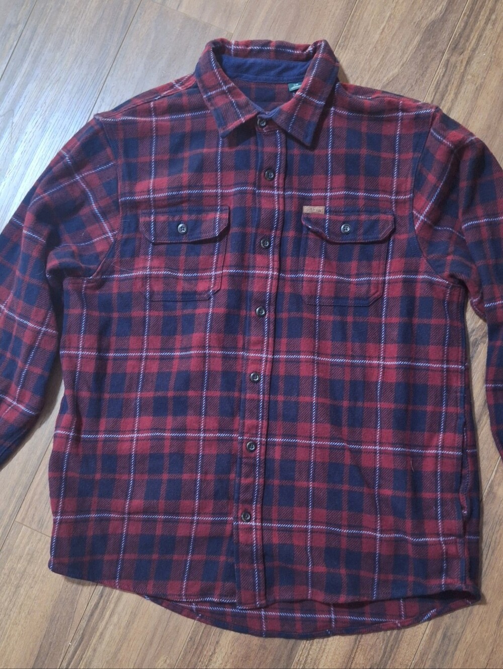 Orvis Shirt Mens L Red Navy Plaid Flannel Fleece Lined Collar Button Down Heavy